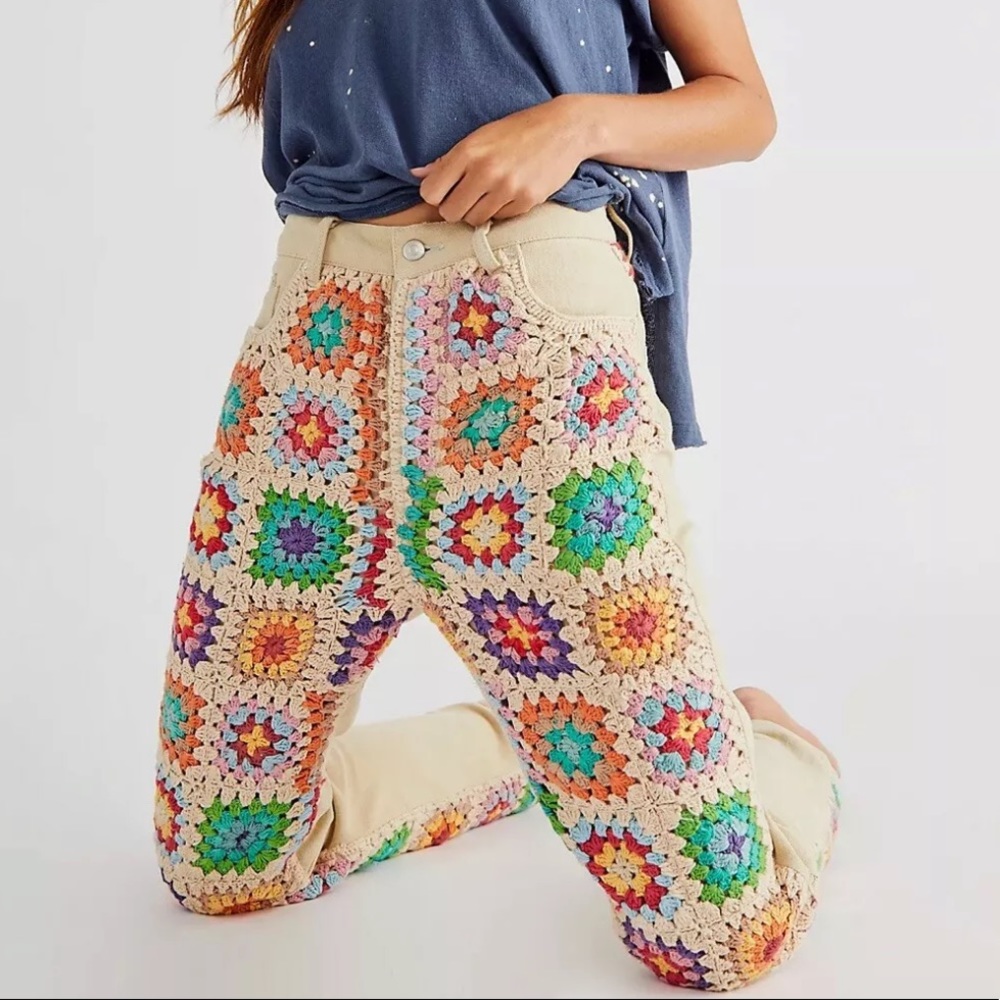 NWOT Free People Zuri Crochet Granny Square Relaxed Straight Jeans Z5-11 - Picture 11 of 14